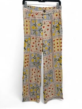 Tullea Cream Patchwork Fruit-Print High Rise Wide Leg Pants